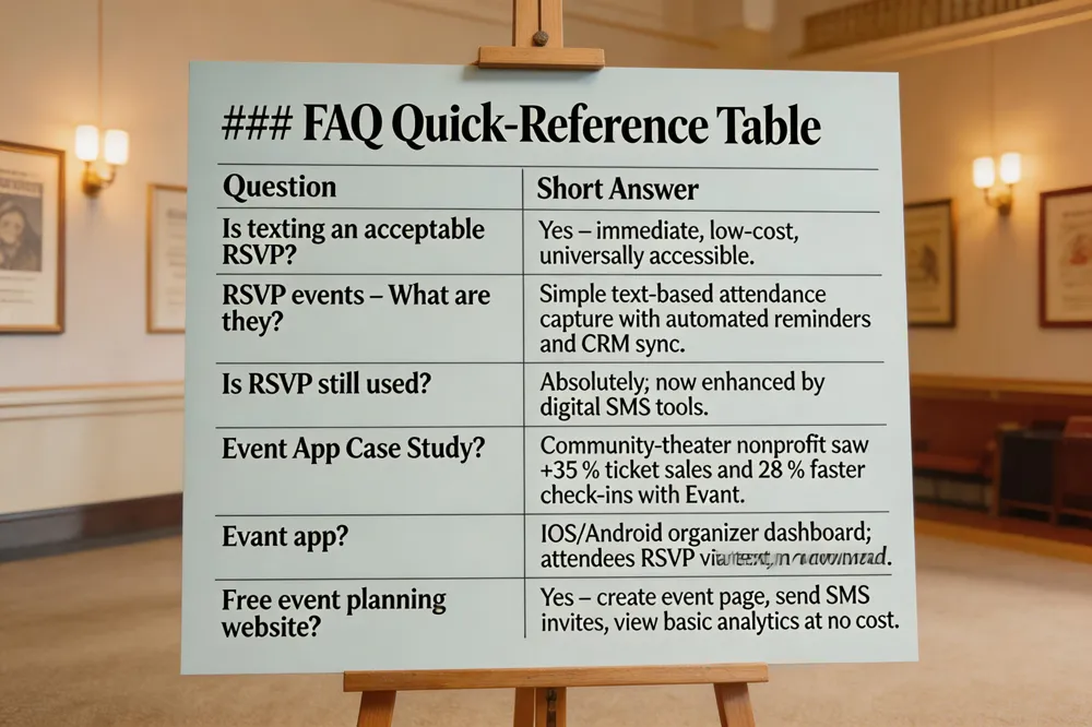 ### FAQ Quick‑Reference Table
| Question | Short Answer |
|---|---|
| Is texting an acceptable RSVP? | Yes – immediate, low‑cost, universally accessible. |
| RSVP events – What are they? | Simple text‑based attendance capture with automated reminders and CRM sync. |
| Is RSVP still used? | Absolutely; now enhanced by digital SMS tools. |
| Event App Case Study? | Community‑theater nonprofit saw +35 % ticket sales and 28 % faster check‑ins with Evant. |
| Evant app? | iOS/Android organizer dashboard; attendees RSVP via text, no download needed. |
| Free event planning website? | Yes – create event page, send SMS invites, view basic analytics at no cost.