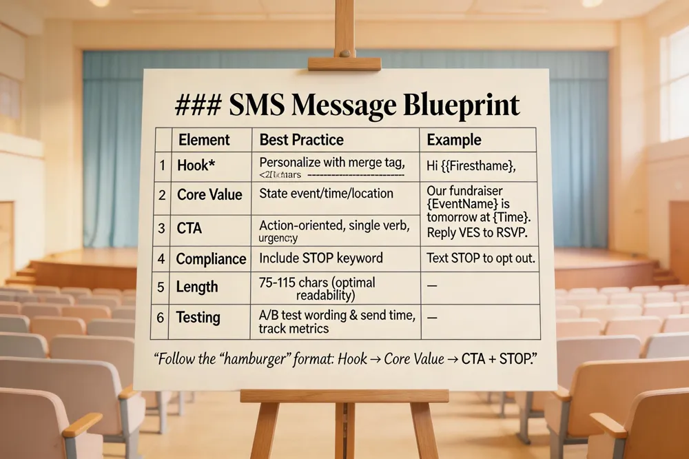 ### SMS Message Blueprint
| Element | Best Practice | Example |
|---|---|---|
| Hook | Personalize with merge tag, keep under 20 chars | Hi {{FirstName}}, |
| Core Value | State event/donation purpose, time, location | Our fundraiser {{EventName}} is tomorrow at {{Time}}. |
| CTA | Action‑oriented, single verb, urgency | Reply YES to RSVP. |
| Compliance | Include STOP keyword | Text STOP to opt out. |
| Length | 75‑115 characters for optimal readability | — |
| Testing | A/B test wording & send time, track metrics | — |
Follow the “hamburger” format: Hook → Core Value → CTA + STOP.