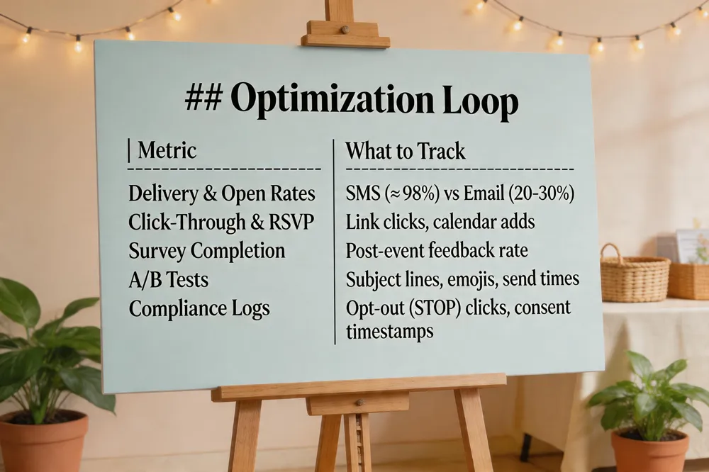 ## Optimization Loop
| Metric | What to Track |
|---|---|
| Delivery & Open Rates | SMS (≈ 98 %) vs Email (20‑30 %) |
| Click‑Through & RSVP | Link clicks, calendar adds |
| Survey Completion | Post‑event feedback rate |
| A/B Tests | Subject lines, emojis, send times |
| Compliance Logs | Opt‑out (STOP) clicks, consent timestamps |

