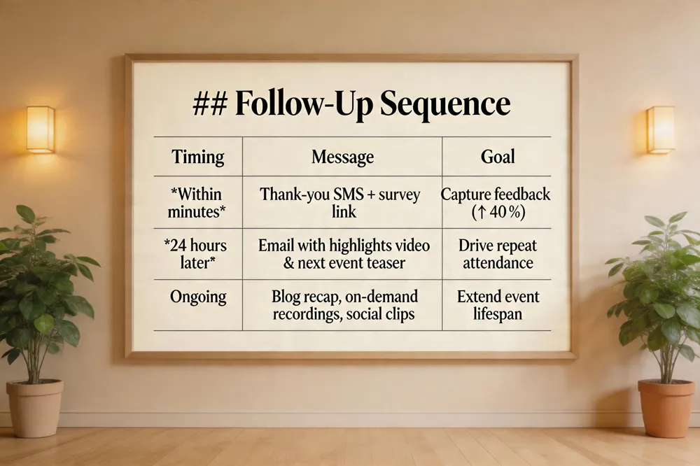 ## Follow‑Up Sequence
| Timing | Message | Goal |
|---|---|---|
| Within minutes | Thank‑you SMS + survey link | Capture feedback (↑ 40 %) |
| 24 hours later | Email with highlights video & next event teaser | Drive repeat attendance |
| Ongoing | Blog recap, on‑demand recordings, social clips | Extend event lifespan |
