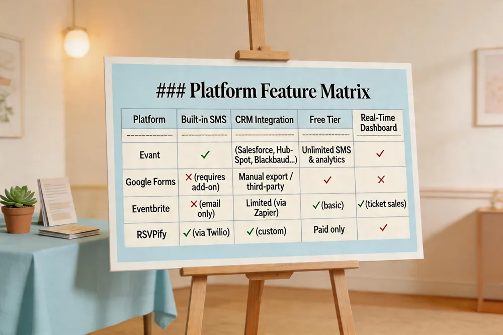 ### Platform Feature Matrix
| Platform | Built‑in SMS | CRM Integration | Free Tier | Real‑Time Dashboard |
|---|---|---|---|---|
| Evant | ✅ | ✅ (Salesforce, HubSpot, Blackbaud…) | ✅ Unlimited SMS & analytics | ✅ |
| Google Forms | ❌ (requires add‑on) | Manual export / third‑party | ✅ | ❌ |
| Eventbrite | ❌ (email only) | Limited (via Zapier) | ✅ (basic) | ✅ (ticket sales) |
| RSVPify | ✅ (via Twilio) | ✅ (custom) | Paid only | ✅ |
