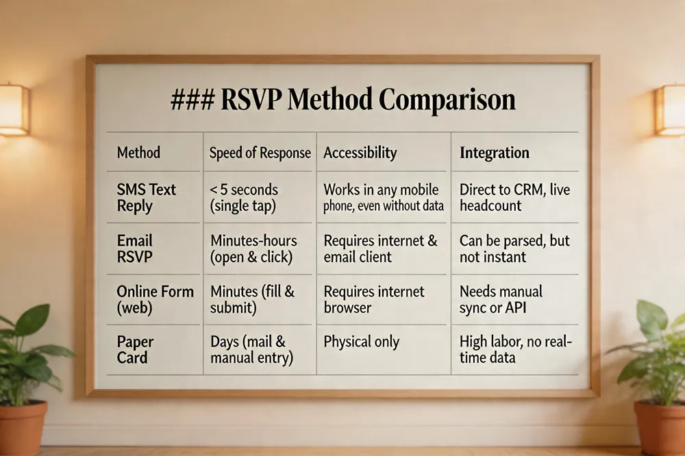 ### RSVP Method Comparison
| Method | Speed of Response | Accessibility | Integration |
|---|---|---|---|
| SMS Text Reply | < 5 seconds (single tap) | Works on any mobile phone, even without data | Direct to CRM, live headcount |
| Email RSVP | Minutes‑hours (open & click) | Requires internet & email client | Can be parsed, but not instant |
| Online Form (web) | Minutes (fill & submit) | Requires internet browser | Needs manual sync or API |
| Paper Card | Days (mail & manual entry) | Physical only | High labor, no real‑time data |
