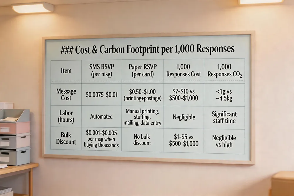 ### Cost & Carbon Footprint per 1,000 Responses
| Item | SMS RSVP (per msg) | Paper RSVP (per card) | 1,000 Responses Cost | 1,000 Responses CO₂ |
|---|---|---|---|---|
| Message Cost | $0.0075‑$0.01 | $0.50‑$1.00 (printing + postage) | $7‑$10 vs $500‑$1,000 | < 1 g vs ~4.5 kg |
| Labor (hours) | Automated | Manual printing, stuffing, mailing, data entry | Negligible | Significant staff time |
| Bulk Discount | $0.001‑$0.005 per msg when buying thousands | No bulk discount | $1‑$5 vs $500‑$1,000 | Negligible vs high |
