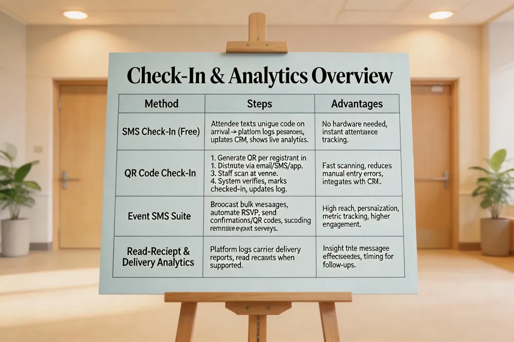 Check‑In & Analytics Overview
| Method | Steps | Advantages |
|---|---|---|
| SMS Check‑In (Free) | Attendee texts unique code on arrival → platform logs presence, updates CRM, shows live analytics. | No hardware needed, instant attendance tracking. |
| QR Code Check‑In | 1. Generate QR per registrant in Evant. 2. Distribute via email/SMS/app. 3. Staff scan at venue. 4. System verifies, marks checked‑in, updates log. | Fast scanning, reduces manual entry errors, integrates with CRM. |
| Event SMS Suite | Broadcast bulk messages, automate RSVP, send confirmations/QR codes, schedule reminders, post‑event surveys. | High reach, personalization, metric tracking, higher engagement. |
| Read‑Receipt & Delivery Analytics | Platform logs carrier delivery reports; read receipts when supported. | Insight into message effectiveness, timing for follow‑ups. |
