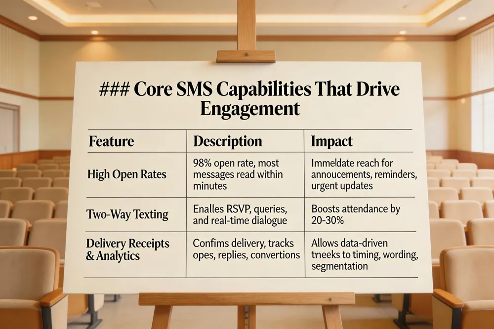 ### Core SMS Capabilities That Drive Engagement
| Feature | Description | Impact |
|---|---|---|
| High Open Rates | 98% open rate; most messages read within minutes | Immediate reach for announcements, reminders, urgent updates |
| Two‑Way Texting | Enables RSVP, queries, and real‑time dialogue | Boosts attendance by 20‑30% |
| Delivery Receipts & Analytics | Confirms delivery, tracks opens, replies, conversions | Allows data‑driven tweaks to timing, wording, segmentation |
