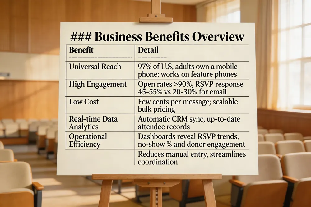 ### Business Benefits Overview
| Benefit | Detail |
|---|---|
| Universal Reach | 97 % of U.S. adults own a mobile phone; works on feature phones |
| High Engagement | Open rates >90 %; RSVP response 45‑55 % vs 20‑30 % for email |
| Low Cost | Few cents per message; scalable bulk pricing |
| Real‑time Data | Automatic CRM sync, up‑to‑date attendee records |
| Analytics | Dashboards reveal RSVP trends, no‑show % and donor engagement |
| Operational Efficiency | Reduces manual entry, streamlines coordination |
