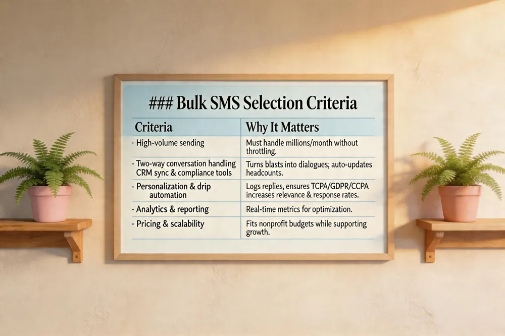 ### Bulk SMS Selection Criteria
| Criteria | Why It Matters |
|---|---|
| High‑volume sending | Must handle millions/month without throttling. |
| Two‑way conversation handling | Turns blasts into dialogues; auto‑updates headcounts. |
| CRM sync & compliance tools | Logs replies, ensures TCPA/GDPR/CCPA adherence. |
| Personalization & drip automation | Increases relevance & response rates. |
| Analytics & reporting | Real‑time metrics for optimization. |
| Pricing & scalability | Fits nonprofit budgets while supporting growth. |
