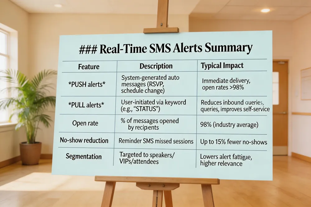 ### Real‑Time SMS Alerts Summary
| Feature | Description | Typical Impact |
|---|---|---|
| PUSH alerts | System‑generated messages sent automatically when an event occurs (e.g., RSVP confirmation, schedule change). | Immediate delivery, open rates > 98 % |
| PULL alerts | User‑initiated messages triggered by a keyword (e.g., "STATUS" to get current event status). | Reduces inbound queries, improves self‑service |
| Open rate | Percentage of messages opened by recipients. | 98 % (industry average) |
| No‑show reduction | Decrease in missed sessions due to reminder SMS. | Up to 15 % fewer no‑shows |
| Segmentation | Targeted alerts to speakers, volunteers, VIPs, or general attendees. | Lowers alert fatigue, higher relevance |
