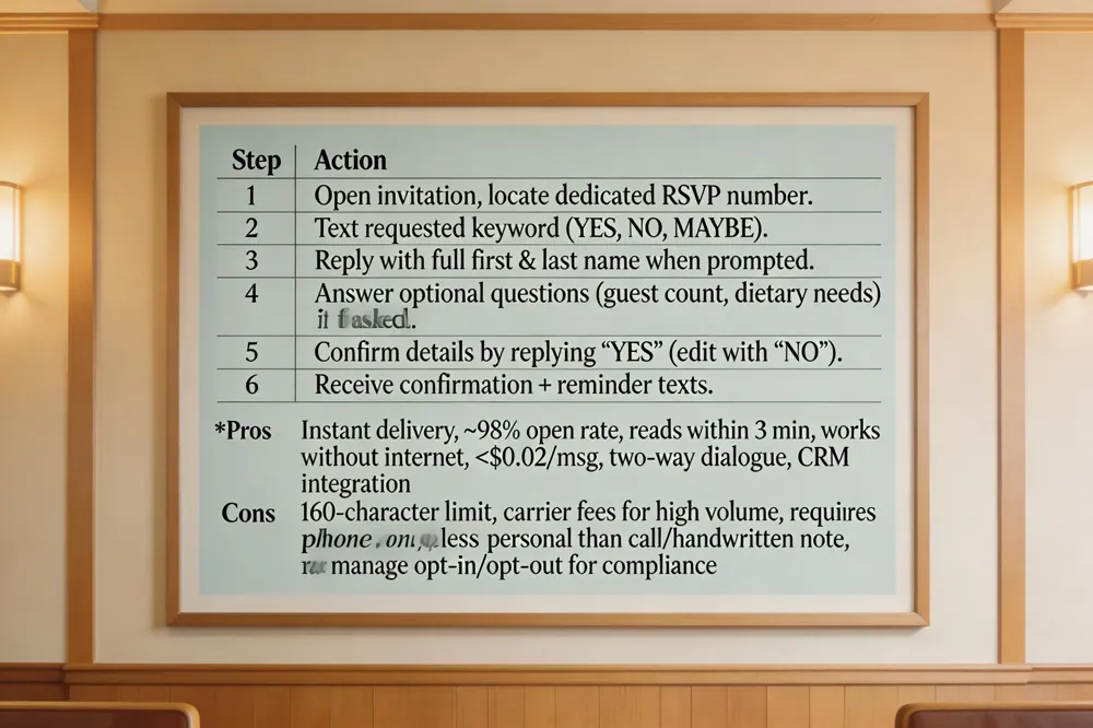 | Step | Action | |------|--------| | 1 | Open invitation, locate the dedicated RSVP number. | | 2 | Text the requested keyword (e.g., YES, NO, MAYBE). | | 3 | System replies asking for first and last name; reply with full name. | | 4 | If prompted, answer optional questions (guest count, dietary needs). | | 5 | Confirm details by replying “YES” (or edit with “NO”). | | 6 | Receive confirmation text and later reminder messages. |
Pros | Instant delivery, ~98% open rate, reads within 3 min, works without internet, low cost (< $0.02/msg), two‑way dialogue, CRM integration. | Cons | 160‑character limit, carrier fees for high volume, requires phone on, less personal than call/handwritten note, must manage opt‑in/opt‑out for compliance. |
