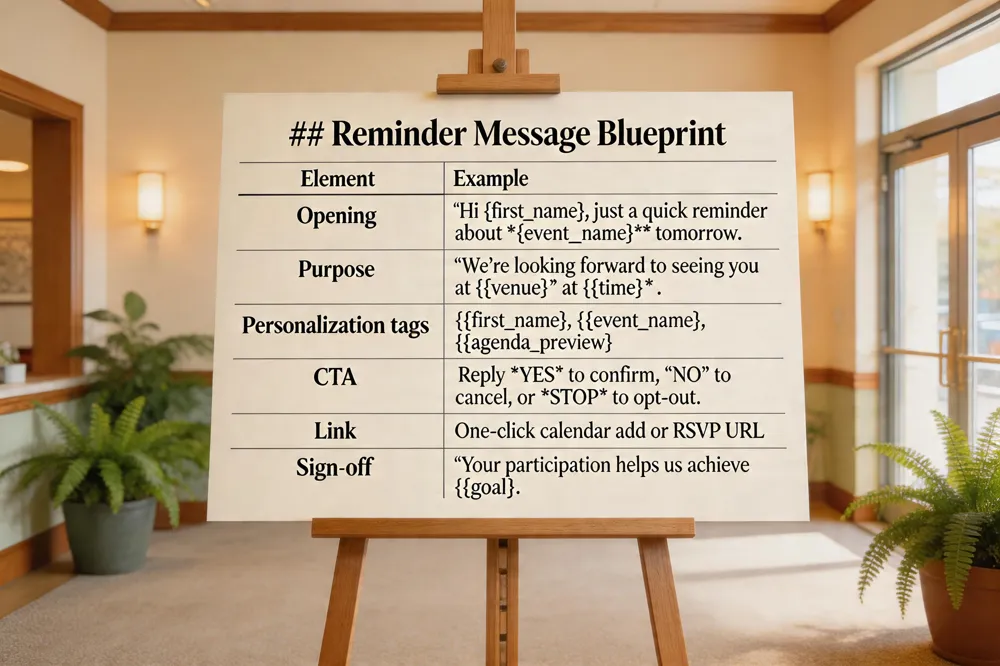 ## Reminder Message Blueprint
| Element | Example |
|---|
| Opening | "Hi {{first_name}}, just a quick reminder about {{event_name}} tomorrow."
| Purpose | "We’re looking forward to seeing you at {{venue}} at {{time}}."
| Personalization tags | {{first_name}}, {{event_name}}, {{agenda_preview}} |
| CTA | "Reply YES to confirm, NO to cancel, or STOP to opt‑out."
| Link | One‑click calendar add or RSVP URL |
| Sign‑off | "Your participation helps us achieve {{goal}}."
