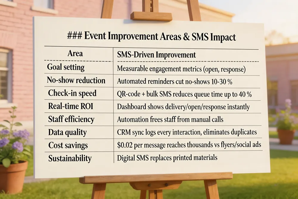 ### Event Improvement Areas & SMS Impact
| Area | SMS‑Driven Improvement |
|---|---|
| Goal setting | Measurable engagement metrics (open, response) |
| No‑show reduction | Automated reminders cut no‑shows 10‑30 % |
| Check‑in speed | QR‑code + bulk SMS reduces queue time up to 40 % |
| Real‑time ROI | Dashboard shows delivery/open/response instantly |
| Staff efficiency | Automation frees staff from manual calls |
| Data quality | CRM sync logs every interaction, eliminates duplicates |
| Cost savings | $0.02 per message reaches thousands vs flyers/social ads |
| Sustainability | Digital SMS replaces printed materials