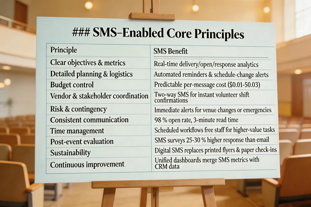 ### SMS‑Enabled Core Principles
| Principle | SMS Benefit |
|---|---|
| Clear objectives & metrics | Real‑time delivery/open/response analytics |
| Detailed planning & logistics | Automated reminders & schedule‑change alerts |
| Budget control | Predictable per‑message cost ($0.01‑$0.03) |
| Vendor & stakeholder coordination | Two‑way SMS for instant volunteer shift confirmations |
| Risk & contingency | Immediate alerts for venue changes or emergencies |
| Consistent communication | 98 % open rate, 3‑minute read time |
| Time management | Scheduled workflows free staff for higher‑value tasks |
| Post‑event evaluation | SMS surveys 25‑30 % higher response than email |
| Sustainability | Digital SMS replaces printed flyers & paper check‑ins |
| Continuous improvement | Unified dashboards merge SMS metrics with CRM data