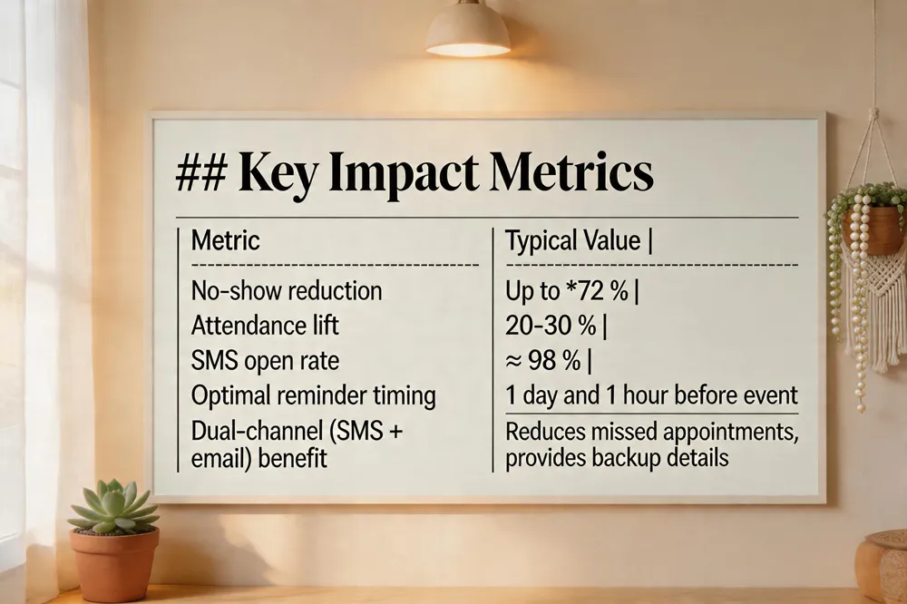 ## Key Impact Metrics
| Metric | Typical Value |
|---|---|
| No‑show reduction | Up to 72 % |
| Attendance lift | 20‑30 % |
| SMS open rate | ≈ 98 % |
| Optimal reminder timing | 1 day and 1 hour before the event |
| Dual‑channel (SMS + email) benefit | Reduces missed appointments, provides backup details |
