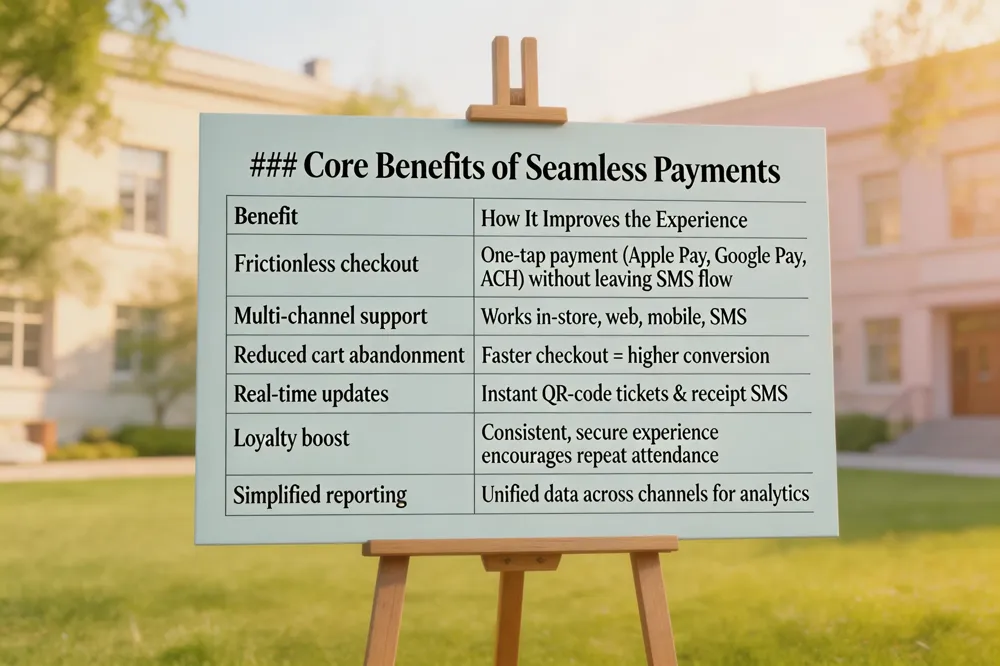### Core Benefits of Seamless Payments
| Benefit | How It Improves the Experience |
|---|---|
| Frictionless checkout | One‑tap payment (Apple Pay, Google Pay, ACH) without leaving SMS flow |
| Multi‑channel support | Works in‑store, web, mobile, SMS |
| Reduced cart abandonment | Faster checkout = higher conversion |
| Real‑time updates | Instant QR‑code tickets & receipt SMS |
| Loyalty boost | Consistent, secure experience encourages repeat attendance |
| Simplified reporting | Unified data across channels for analytics |
