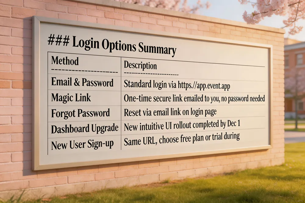 ### Login Options Summary
| Method | Description |
|---|---|
| Email & Password | Standard login via https://app.evant.app |
| Magic Link | One‑time secure link emailed to you, no password needed |
| Forgot Password | Reset via email link on login page |
| Dashboard Upgrade | New intuitive UI rollout completed by Dec 1 |
| New User Sign‑up | Same URL, choose free plan or trial during
