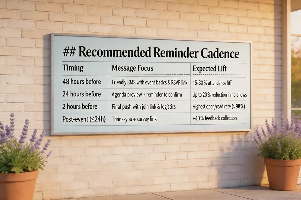 ## Recommended Reminder Cadence
| Timing | Message Focus | Expected Lift |
|---|---|---|
| 48 hours before | Friendly SMS with event basics & RSVP link | 15‑30 % attendance lift |
| 24 hours before | Agenda preview + reminder to confirm | Up to 20 % reduction in no‑shows |
| 2 hours before | Final push with join link & logistics | Highest open/read rate (≈ 98 %) |
| Post‑event (≤ 24 h) | Thank‑you + survey link | +40 % feedback collection |
