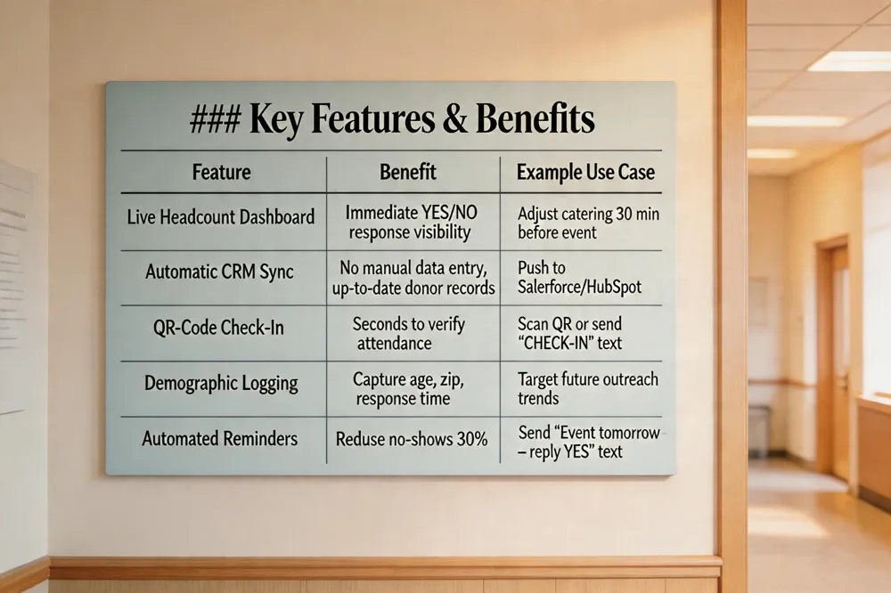 ### Key Features & Benefits
| Feature | Benefit | Example Use Case |
|---|---|---|
| Live Headcount Dashboard | Immediate visibility of YES/NO responses | Adjust catering 30 min before event |
| Automatic CRM Sync | No manual data entry, up‑to‑date donor records | Push replies to Salesforce/HubSpot |
| QR‑Code Check‑In | Seconds to verify attendance at door | Scan QR or send “CHECK‑IN” text |
| Demographic Logging | Capture age, zip code, response time | Target future outreach based on trends |
| Automated Reminders | Reduce no‑shows up to 30 % | Send “Event tomorrow – reply YES” text |
