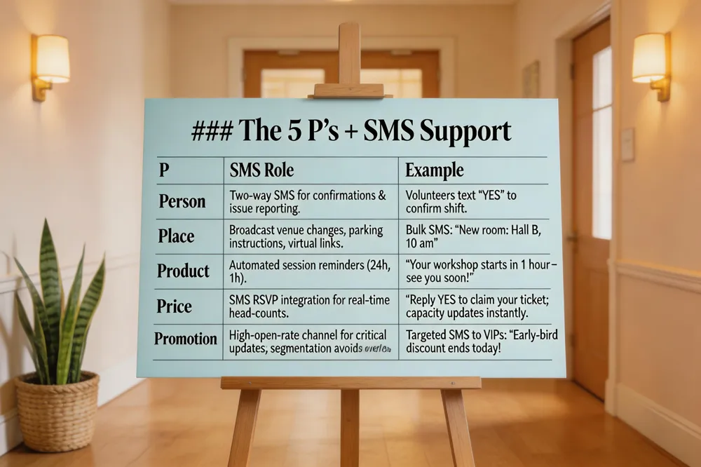 ### The 5 P’s + SMS Support
| P | SMS Role | Example |
|---|---|---|
| Person | Two‑way SMS for confirmations & issue reporting. | Volunteers text "YES" to confirm shift. |
| Place | Broadcast venue changes, parking instructions, virtual links. | Bulk SMS: theNew room: Hall B, 10 am" |
| Product | Automated session reminders (24 h, 1 h). | "Your workshop starts in 1 hour – see you soon!" |
| Price | SMS RSVP integration for real‑time head‑counts. | "Reply YES to claim your ticket; capacity updates instantly." |
| Promotion | High‑open‑rate channel for critical updates; segmentation avoids overload. | Targeted SMS to VIPs: "Early‑bird discount ends today!" |

