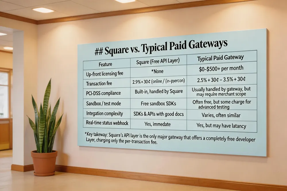 ### Square vs. Typical Paid Gateways
| Feature | Square (Free API Layer) | Typical Paid Gateway |
|---|---|---|
| Up‑front licensing fee | None | $0‑$500+ per month |
| Transaction fee | 2.9 % + 30 ¢ (online) / 1.6 % (in‑person) | 2.5 % + 30 ¢ – 3.5 % + 30 ¢ |
| PCI‑DSS compliance | Built‑in, handled by Square | Usually handled by gateway, but may require merchant scope |
| Sandbox / test mode | Free sandbox SDKs | Often free, but some charge for advanced testing |
| Integration complexity | SDKs & APIs with good docs | Varies, often similar |
| Real‑time status webhook | Yes, immediate | Yes, but may have latency |
Key takeaway: Square’s API layer is the only major gateway that offers a completely free developer layer, charging only the per‑transaction fee.