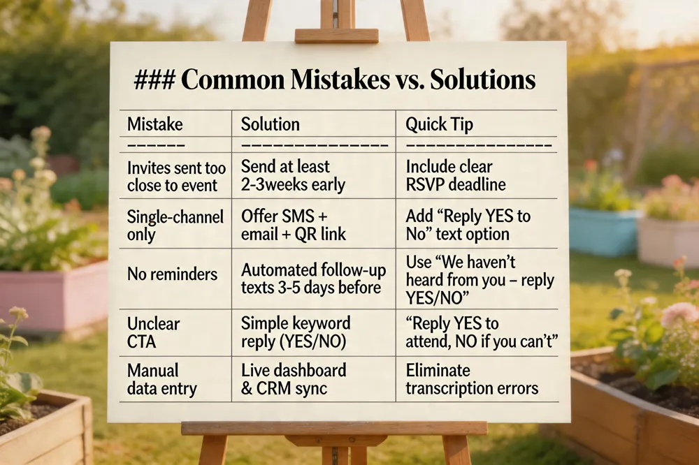 ### Common Mistakes vs. Solutions
| Mistake | Solution | Quick Tip |
|---|---|---|
| Invites sent too close to event | Send at least 2‑3 weeks early | Include clear RSVP deadline |
| Single‑channel only | Offer SMS + email + QR link | Add “Reply YES to No” text option |
| No reminders | Automated follow‑up texts 3‑5 days before | Use “We haven’t heard from you – reply YES/NO” |
| Unclear CTA | Simple keyword reply (YES/NO) | “Reply YES to attend, NO if you can’t” |
| Manual data entry | Live dashboard & CRM sync | Eliminate transcription errors |
