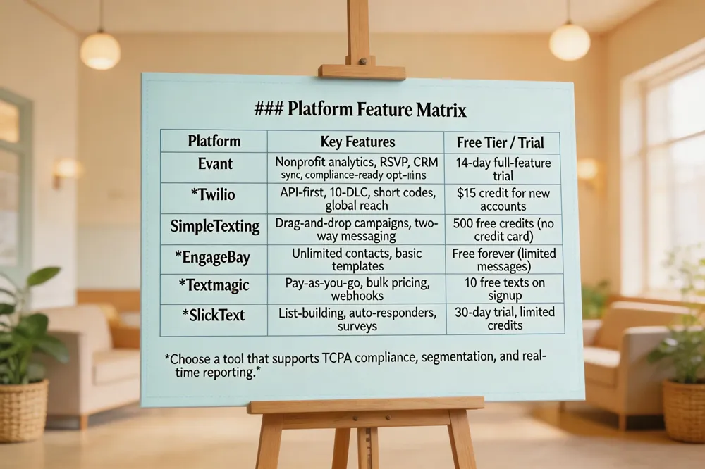 ### Platform Feature Matrix
| Platform | Key Features | Free Tier / Trial |
|---|---|---|
| Evant | Nonprofit analytics, RSVP, CRM sync, compliance‑ready opt‑ins | 14‑day full‑feature trial |
| Twilio | API‑first, 10‑DLC, short codes, global reach | $15 credit for new accounts |
| SimpleTexting | Drag‑and‑drop campaigns, two‑way messaging | 500 free credits (no credit card) |
| EngageBay | Unlimited contacts, basic templates, analytics | Free forever (limited messages) |
| Textmagic | Pay‑as‑you‑go, bulk pricing, webhooks | 10 free texts on signup |
| SlickText | List‑building, auto‑responders, surveys | 30‑day trial, limited credits |
Choose a tool that supports TCPA compliance, segmentation, and real‑time reporting.