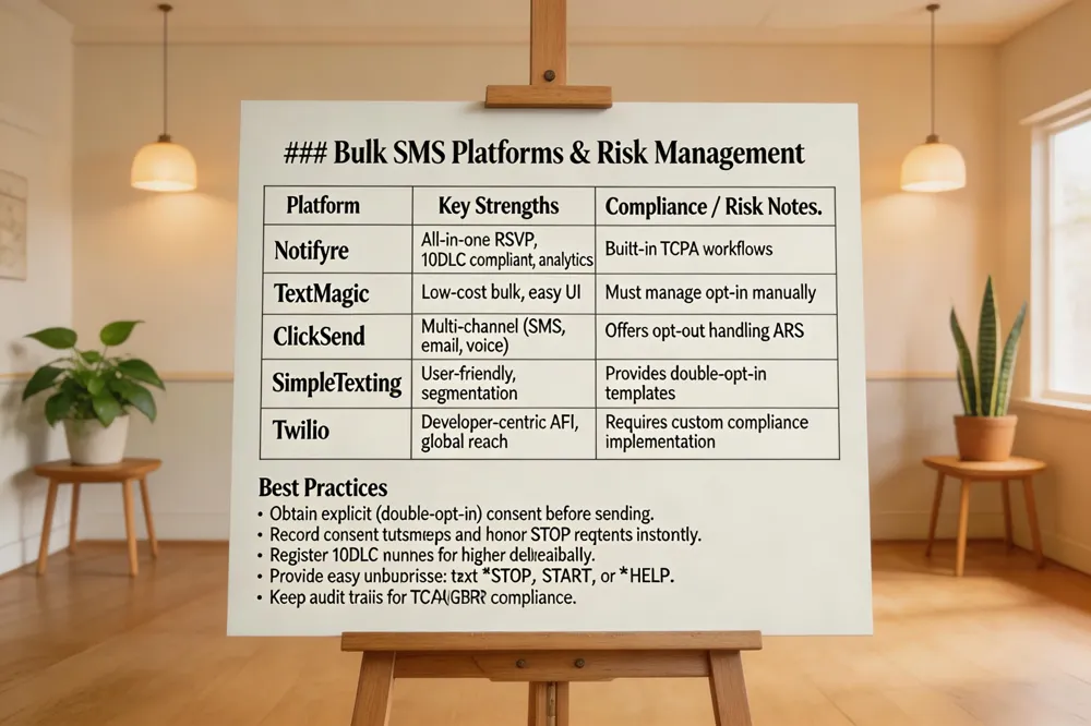 ### Bulk SMS Platforms & Risk Management
| Platform | Key Strengths | Compliance / Risk Notes |
|---|---|---|
| Notifyre | All‑in‑one RSVP, 10DLC compliant, analytics | Built‑in TCPA workflows |
| TextMagic | Low‑cost bulk, easy UI | Must manage opt‑in manually |
| ClickSend | Multi‑channel (SMS, email, voice) | Offers opt‑out handling APIs |
| SimpleTexting | User‑friendly, segmentation | Provides double‑opt‑in templates |
| Twilio | Developer‑centric API, global reach | Requires custom compliance implementation |
Best Practices
