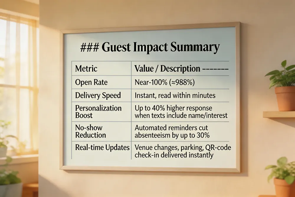 ### Guest Impact Summary
| Metric | Value / Description |
|---|---|
| Open Rate | Near‑100 % (≈98 %) |
| Delivery Speed | Instant, read within minutes |
| Personalization Boost | Up to 40 % higher response when texts include name/interest |
| No‑show Reduction | Automated reminders cut absenteeism by up to 30 % |
| Real‑time Updates | Venue changes, parking, QR‑code check‑in delivered instantly |
