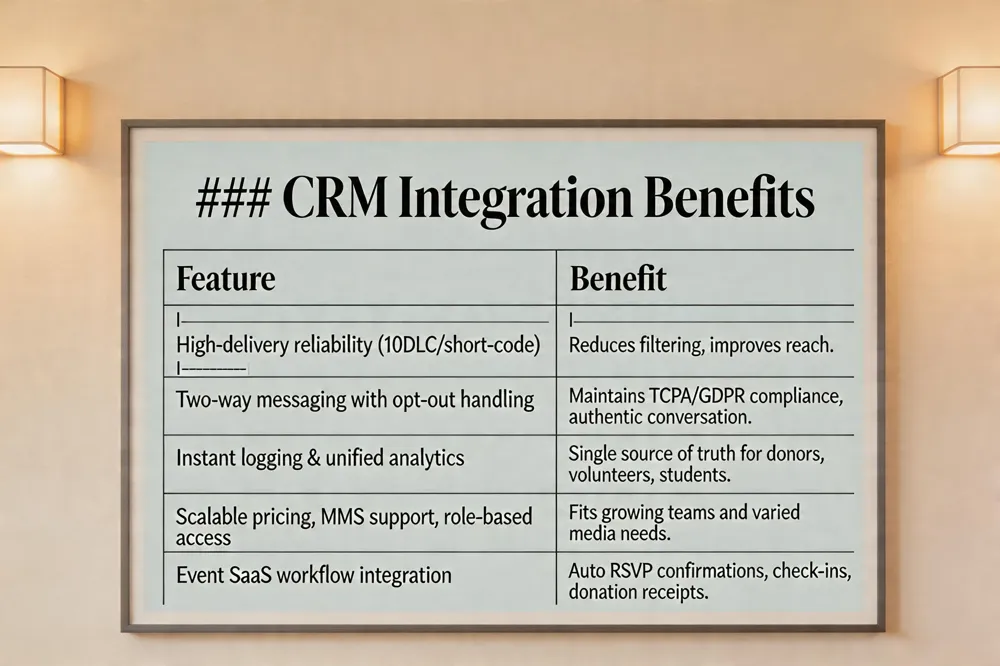 ### CRM Integration Benefits
| Feature | Benefit |
|---|---|
| High‑delivery reliability (10DLC/short‑code) | Reduces filtering, improves reach. |
| Two‑way messaging with opt‑out handling | Maintains TCPA/GDPR compliance, authentic conversation. |
| Instant logging & unified analytics | Single source of truth for donors, volunteers, students. |
| Scalable pricing, MMS support, role‑based access | Fits growing teams and varied media needs. |
| Evant SaaS workflow integration | Auto RSVP confirmations, check‑ins, donation receipts. |
