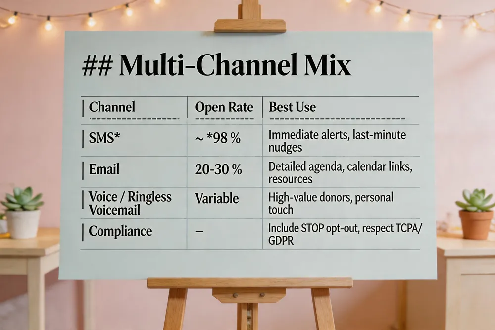 ## Multi‑Channel Mix
| Channel | Open Rate | Best Use |
|---|---|---|
| SMS | ~ 98 % | Immediate alerts, last‑minute nudges |
| 20‑30 % | Detailed agenda, calendar links, resources | |
| Voice / Ringless Voicemail | Variable | High‑value donors, personal touch |
| Compliance | – | Include STOP opt‑out, respect TCPA/GDPR |
