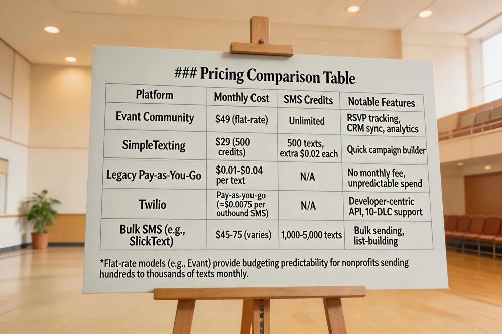 ### Pricing Comparison Table
| Platform | Monthly Cost | SMS Credits | Notable Features |
|---|---|---|---|
| Evant Community | $49 (flat‑rate) | Unlimited | RSVP tracking, CRM sync, analytics |
| SimpleTexting | $29 (500 credits) | 500 texts, extra credits $0.02 each | Quick campaign builder |
| Legacy Pay‑as‑You‑Go | $0.01‑$0.04 per text | N/A | No monthly fee, unpredictable spend |
| Twilio | Pay‑as‑you‑go (≈$0.0075 per outbound SMS) | N/A | Developer‑centric API, 10‑DLC support |
| Bulk SMS (e.g., SlickText) | $45‑$75 (varies) | 1,000‑5,000 texts | Bulk sending, list‑building |
Flat‑rate models (e.g., Evant) provide budgeting predictability for nonprofits sending hundreds to thousands of texts monthly.