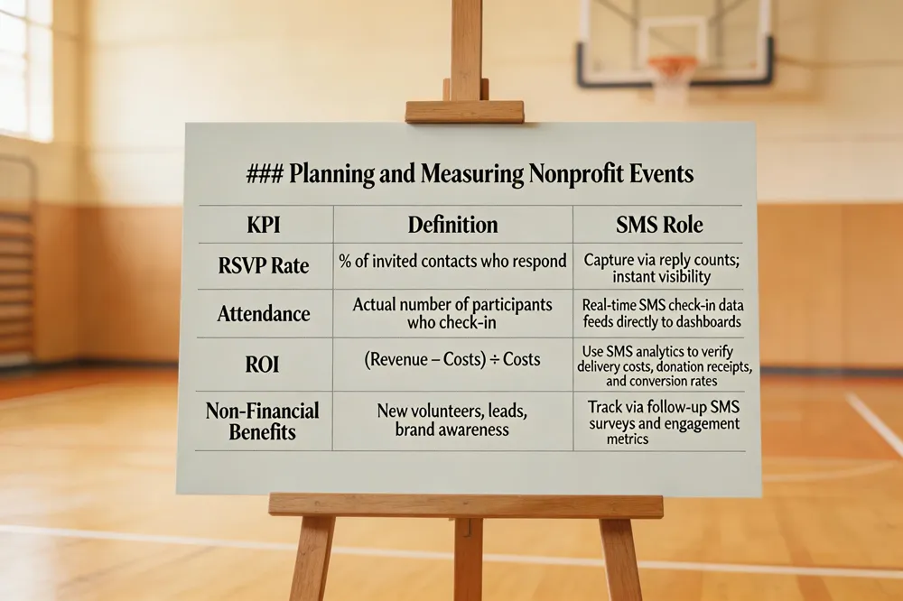 ### Planning and Measuring Nonprofit Events
| KPI | Definition | SMS Role |
|---|---|---|
| RSVP Rate | % of invited contacts who respond | Capture via reply counts; instant visibility |
| Attendance | Actual number of participants who check‑in | Real‑time SMS check‑in data feeds directly to dashboards |
| ROI | (Revenue – Costs) ÷ Costs | Use SMS analytics to verify delivery costs, donation receipts, and conversion rates |
| Non‑Financial Benefits | New volunteers, leads, brand awareness | Track via follow‑up SMS surveys and engagement metrics |
