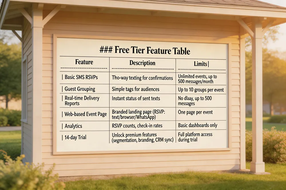 ### Free Tier Feature Table
| Feature | Description | Limits |
|---|---|---|
| Basic SMS RSVPs | Two‑way texting for confirmations | Unlimited events, up to 500 messages/month |
| Guest Grouping | Simple tags for audiences | Up to 10 groups per event |
| Real‑time Delivery Reports | Instant status of sent texts | No delay, up to 500 messages |
| Web‑based Event Page | Branded landing page with RSVP via text, browser, WhatsApp | One page per event |
| Analytics | RSVP counts, check‑in rates | Basic dashboards only |
| 14‑day Trial | Unlock premium features (segmentation, branding, deeper CRM sync) | Full platform access during trial |