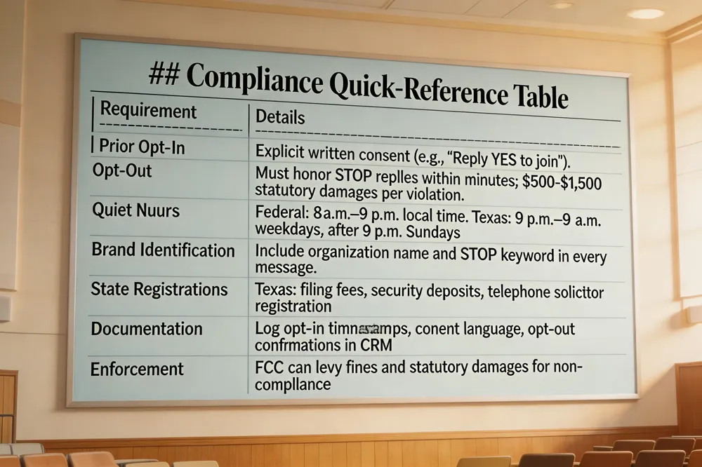 ### Compliance Quick‑Reference Table
| Requirement | Details |
|---|---|
| Prior Opt‑In | Explicit written consent (e.g., "Reply YES to join"). |
| Opt‑Out | Must honor STOP replies within minutes; $500‑$1,500 statutory damages per violation. |
| Quiet Hours | Federal: 8 a.m.–9 p.m. local time. State examples: Texas 9 p.m.–9 a.m. weekdays, after 9 p.m. Sundays. |
| Brand Identification | Include organization name and STOP keyword in every message. |
| State Registrations | Some states (e.g., Texas) require filing fees, security deposits, and registration as a telephone solicitor. |
| Documentation | Log opt‑in timestamps, consent language, and opt‑out confirmations in CRM. |
| Enforcement | FCC can levy fines and statutory damages for non‑compliance. |
