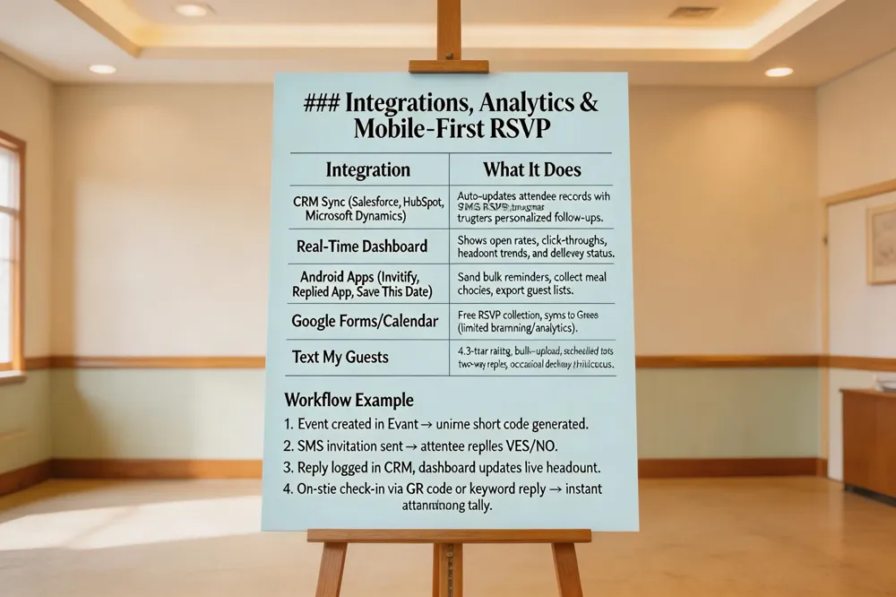 ### Integrations, Analytics & Mobile‑First RSVP
| Integration | What It Does |
|---|---|
| CRM Sync (Salesforce, HubSpot, Microsoft Dynamics) | Auto‑updates attendee records with SMS RSVPs, triggers personalized follow‑ups. |
| Real‑Time Dashboard | Shows open rates, click‑throughs, headcount trends, and delivery status. |
| Android Apps (Invitify, Replied App, Save This Date) | Send bulk reminders, collect meal choices, export guest lists. |
| Google Forms/Calendar | Free RSVP collection, syncs to Google Sheets (limited branding/analytics). |
| Text My Guests | 4.3‑star rating, bulk‑upload, scheduled texts, two‑way replies; occasional delivery hiccups. |
Workflow Example
