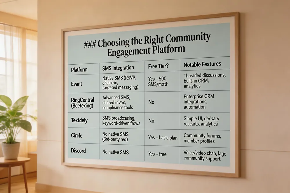 ### Choosing the Right Community Engagement Platform
| Platform | SMS Integration | Free Tier? | Notable Features |
|---|---|---|---|
| Evant | Native SMS (RSVP, check‑in, targeted messaging) | Yes – 500 SMS/month | Threaded discussions, built‑in CRM, analytics |
| RingCentral (Beetexting) | Advanced SMS, shared inbox, compliance tools | No | Enterprise CRM integrations, automation |
| Textedly | SMS broadcasting, keyword‑driven flows | No | Simple UI, delivery receipts, analytics |
| Circle | No native SMS (requires third‑party) | Yes – basic plan | Community forums, member profiles |
| Discord | No native SMS | Yes – free | Voice/video chat, large community support |
