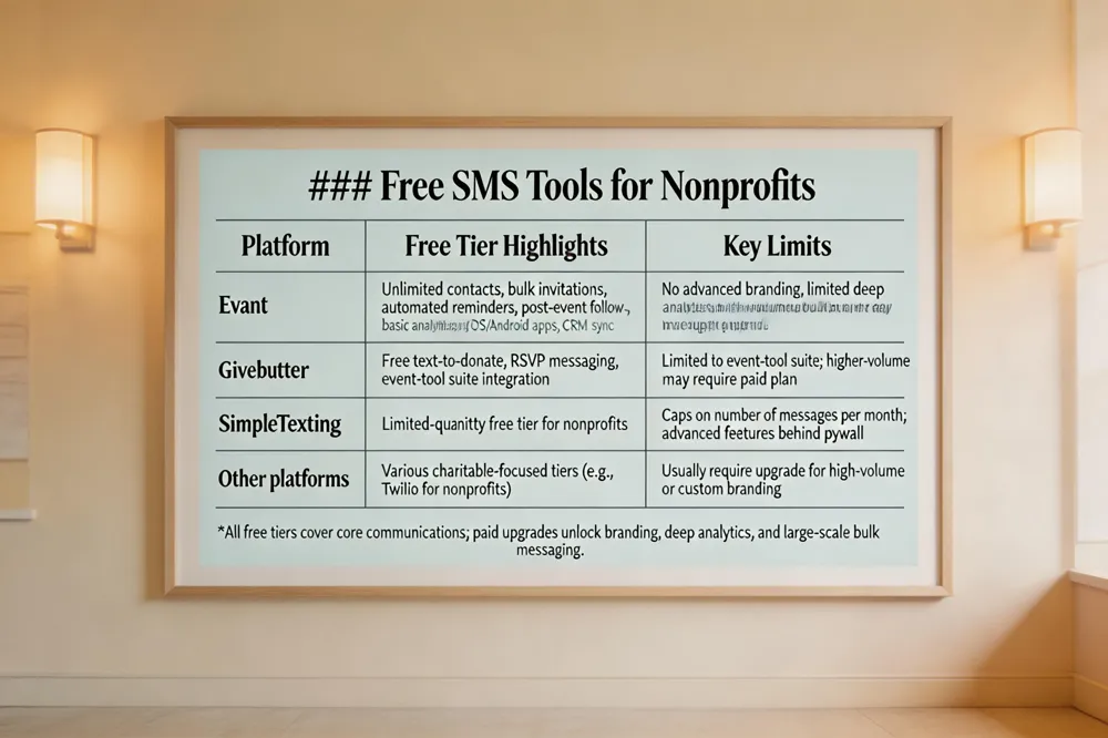 ### Free SMS Tools for Nonprofits
| Platform | Free Tier Highlights | Key Limits |
|---|---|---|
| Evant | Unlimited contacts, bulk invitations, automated reminders, post‑event follow‑ups, basic analytics, iOS/Android apps, CRM sync (Salesforce, etc.) | No advanced branding, limited deep analytics, high‑volume bulk may need upgrade |
| Givebutter | Free text‑to‑donate, RSVP messaging, event‑tool suite integration | Limited to event‑tool suite; higher‑volume messaging may require paid plan |
| SimpleTexting | Limited‑quantity free tier for nonprofits | Caps on number of messages per month; advanced features behind paywall |
| Other platforms | Various charitable‑focused tiers (e.g., Twilio for nonprofits) | Usually require upgrade for high‑volume or custom branding |
All free tiers cover core communications; paid upgrades unlock branding, deep analytics, and large‑scale bulk messaging.