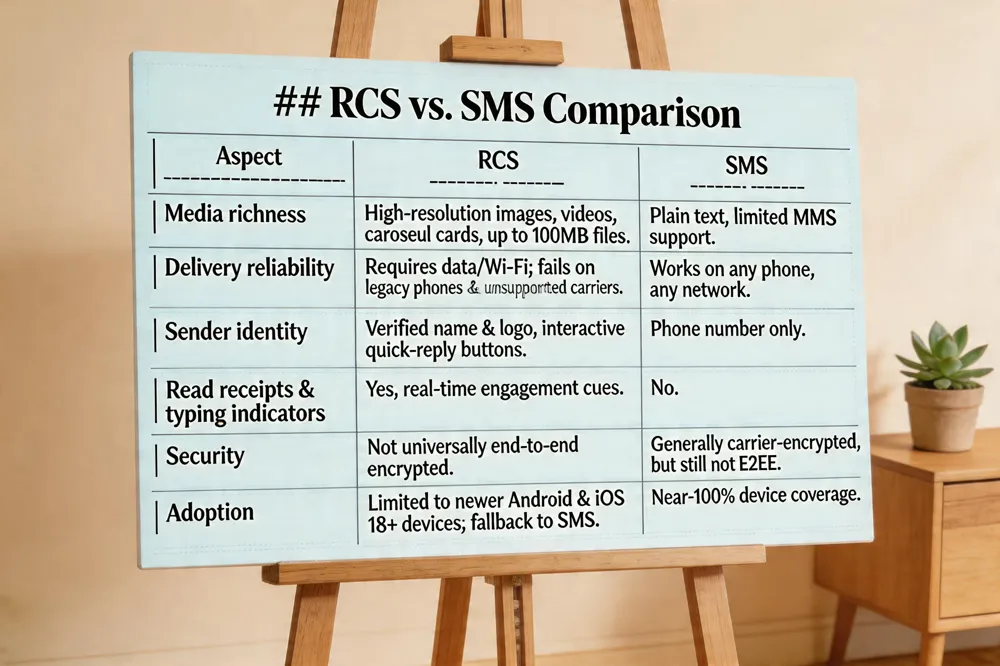 ### RCS vs. SMS Comparison
| Aspect | RCS | SMS |
|---|---|---|
| Media richness | High‑resolution images, videos, carousel cards, up to 100 MB files. | Plain text, limited MMS support. |
| Delivery reliability | Requires data/Wi‑Fi; fails on legacy phones & unsupported carriers. | Works on any phone, any network. |
| Sender identity | Verified name & logo, interactive quick‑reply buttons. | Phone number only. |
| Read receipts & typing indicators | Yes, real‑time engagement cues. | No. |
| Security | Not universally end‑to‑end encrypted. | Generally carrier‑encrypted, but still not E2EE. |
| Adoption | Limited to newer Android & iOS 18+ devices; fallback to SMS. | Near‑100 % device coverage. |
