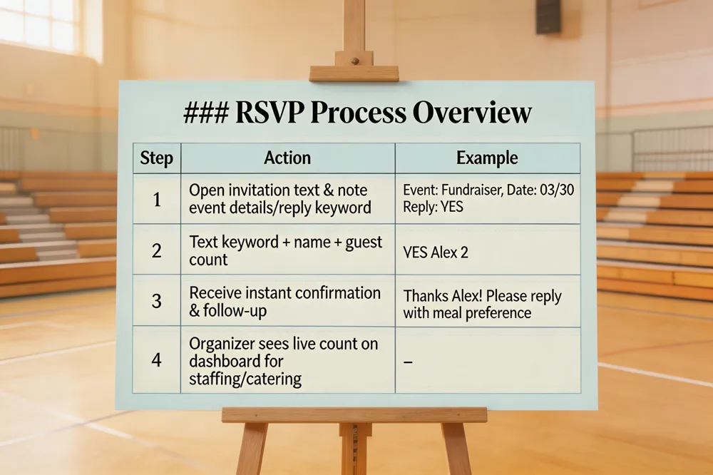 ### RSVP Process Overview
| Step | Action | Example |
|---|---|---|
| 1 | Open invitation text and note event details and reply keyword | "Event: Fundraiser, Date: 03/30, Reply: YES" |
| 2 | Text the required keyword plus name and guest count | "YES Alex 2" |
| 3 | Receive instant confirmation and any follow‑up questions | "Thanks Alex! Please reply with meal preference" |
| 4 | Organizer sees live count on dashboard for staffing/catering decisions | – |