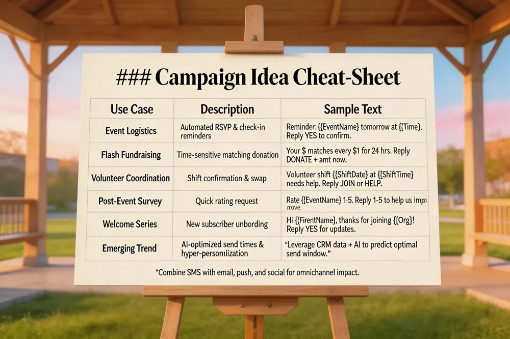 ### Campaign Idea Cheat‑Sheet
| Use Case | Description | Sample Text |
|---|---|---|
| Event Logistics | Automated RSVP & check‑in reminders | Reminder: {{EventName}} tomorrow at {{Time}}. Reply YES to confirm. |
| Flash Fundraising | Time‑sensitive matching donation | Your $1 matches every $1 for 24 hrs. Reply DONATE + amt now. |
| Volunteer Coordination | Shift confirmation & swap | Volunteer shift {{ShiftDate}} at {{ShiftTime}} needs help. Reply JOIN or HELP. |
| Post‑Event Survey | Quick rating request | Rate {{EventName}} 1‑5. Reply 1‑5 to help us improve. |
| Welcome Series | New subscriber onboarding | Hi {{FirstName}}, thanks for joining {{Org}}! Reply YES for updates. |
| Emerging Trend | AI‑optimized send times & hyper‑personalization | Leverage CRM data + AI to predict optimal send window. |
Combine SMS with email, push, and social for omnichannel impact.