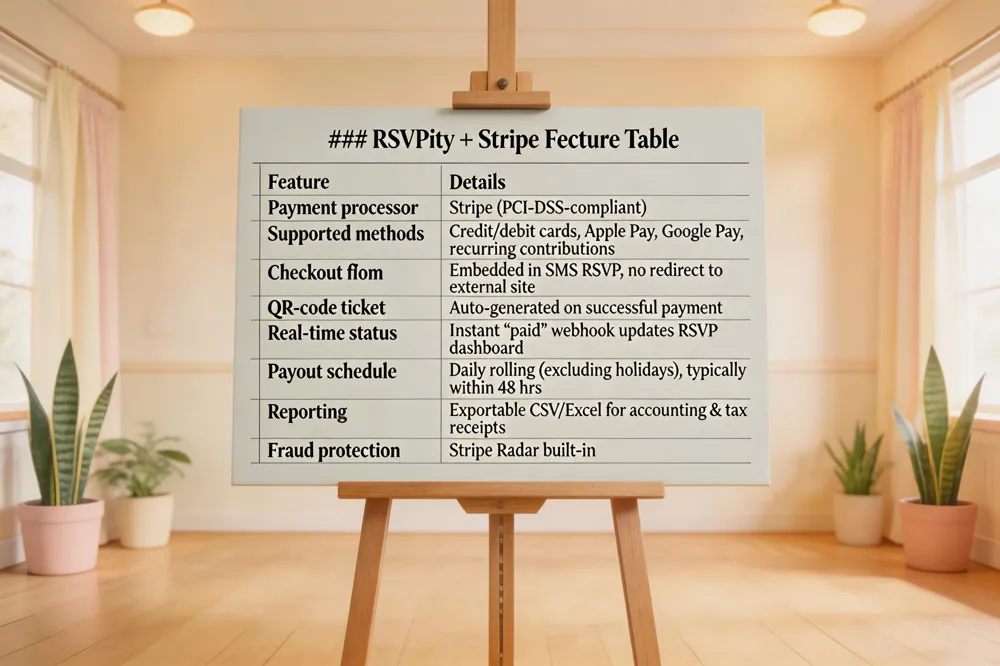 ### RSVPify + Stripe Feature Table
| Feature | Details |
|---|---|
| Payment processor | Stripe (PCI‑DSS‑compliant) |
| Supported methods | Credit/debit cards, Apple Pay, Google Pay, recurring contributions |
| Checkout flow | Embedded in SMS RSVP, no redirect to external site |
| QR‑code ticket | Auto‑generated on successful payment |
| Real‑time status | Instant “paid” webhook updates RSVP dashboard |
| Payout schedule | Daily rolling (excluding holidays), typically within 48 hrs |
| Reporting | Exportable CSV/Excel for accounting & tax receipts |
| Fraud protection | Stripe Radar built‑in |

