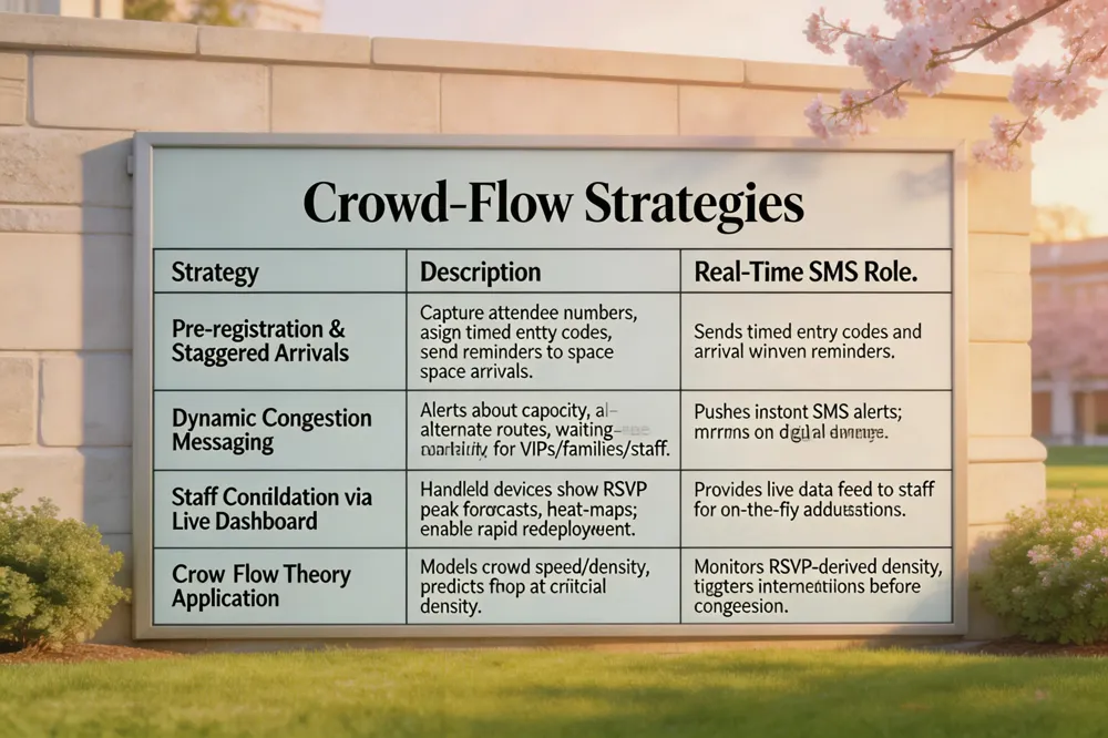 Crowd‑Flow Strategies
| Strategy | Description | Real‑Time SMS Role |
|---|---|---|
| Pre‑registration & Staggered Arrivals | Capture attendee numbers, assign timed entry codes, send reminders to space arrivals. | Sends timed entry codes and arrival window reminders. |
| Dynamic Congestion Messaging | Alerts about capacity, alternate routes, waiting‑area availability; segmented texts for VIPs/families/staff. | Pushes instant SMS alerts; mirrors on digital signage. |
| Staff Coordination via Live Dashboard | Handheld devices show RSVP counts, peak forecasts, heat‑maps; enable rapid redeployment. | Provides live data feed to staff for on‑the‑fly adjustments. |
| Crowd Flow Theory Application | Models crowd speed/density; predicts flow drop at critical density. | Monitors RSVP‑derived density, triggers interventions before congestion. |
