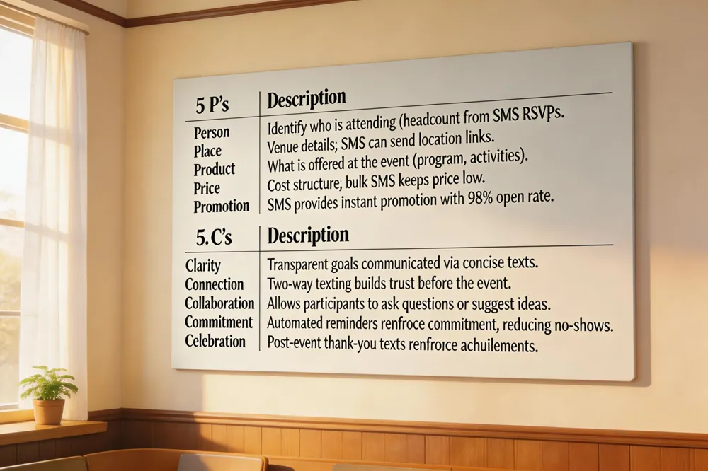 | 5 P’s | Description | |----------|-------------| | Person | Identify who is attending (headcount from SMS RSVPs). | | Place | Venue details; SMS can send location links. | | Product | What is offered at the event (program, activities). | | Price | Cost structure; bulk SMS keeps price low. | | Promotion | SMS provides instant promotion with 98% open rate. |
| 5 C’s | Description |
|---|---|
| Clarity | Transparent goals communicated via concise texts. |
| Connection | Two‑way texting builds trust before the event. |
| Collaboration | Allows participants to ask questions or suggest ideas. |
| Commitment | Automated reminders reinforce commitment, reducing no‑shows. |
| Celebration | Post‑event thank‑you texts reinforce achievements. |