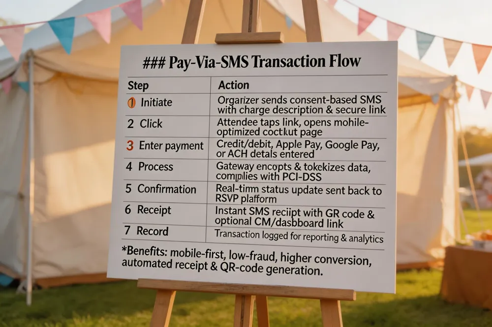 ### Pay‑Via‑SMS Transaction Flow
| Step | Action |
|---|---|
| 1️⃣ Initiate | Organizer sends consent‑based SMS with brief charge description and secure link |
| 2️⃣ Click | Attendee taps link, opens mobile‑optimized checkout page |
| 3️⃣ Enter payment | Credit card, debit card, Apple Pay, Google Pay, or ACH details entered |
| 4️⃣ Process | Gateway encrypts & tokenizes data, complies with PCI‑DSS |
| 5️⃣ Confirmation | Real‑time status update sent back to RSVP platform |
| 6️⃣ Receipt | Instant SMS receipt with QR code and optional link to CRM/dashboard |
| 7️⃣ Record | Transaction logged for reporting & analytics |
Benefits: mobile‑first, low‑fraud, higher conversion, automated receipt & QR‑code generation.