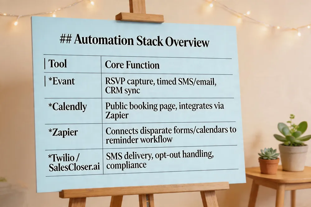 ## Automation Stack Overview
| Tool | Core Function |
|---|---|
| Evant | RSVP capture, timed SMS/email, CRM sync |
| Calendly | Public booking page, integrates via Zapier |
| Zapier | Connects disparate forms/calendars to reminder workflow |
| Twilio / SalesCloser.ai | SMS delivery, opt‑out handling, compliance |
