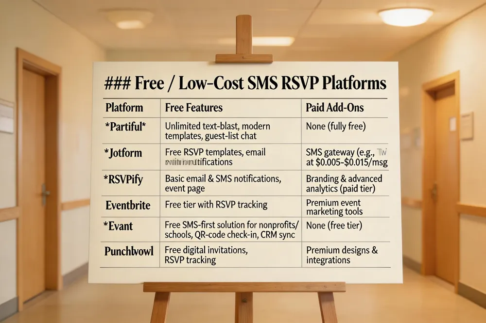 ### Free / Low‑Cost SMS RSVP Platforms
| Platform | Free Features | Paid Add‑Ons |
|---|---|---|
| Partiful | Unlimited text‑blast, modern templates, guest‑list chat | None (fully free) |
| Jotform | Free RSVP templates, email notifications | SMS gateway (e.g., Twilio) at $0.005‑$0.015/msg |
| RSVPify | Basic email & SMS notifications, event page | Branding & advanced analytics (paid tier) |
| Eventbrite | Free tier with RSVP tracking | Premium event marketing tools |
| Evant | Free SMS‑first solution for nonprofits/schools, QR‑code check‑in, CRM sync | None (free tier) |
| Punchbowl | Free digital invitations, RSVP tracking | Premium designs & integrations |
