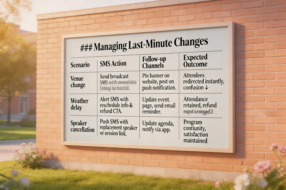 ### Managing Last‑Minute Changes
| Scenario | SMS Action | Follow‑up Channels | Expected Outcome |
|---|---|---|---|
| Venue change | Send broadcast SMS with new address & map link. | Pin banner on website, post on social, push notification. | Attendees redirected instantly, confusion ↓ |
| Weather delay | Alert SMS with reschedule info & refund CTA. | Update event page, send email reminder. | Attendance retained, refund requests managed |
| Speaker cancellation | Push SMS with replacement speaker or session link. | Update agenda, notify via app. | Program continuity, satisfaction maintained |
