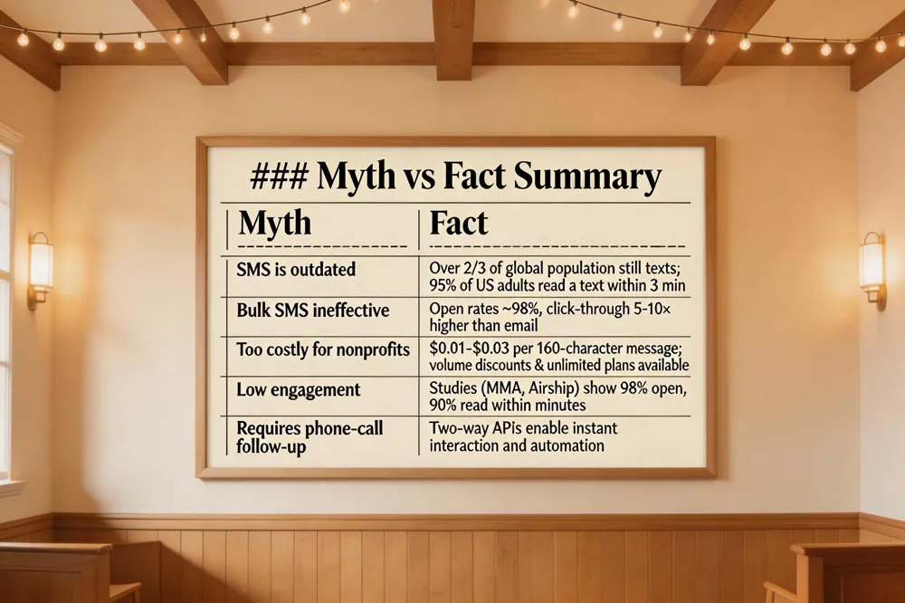 ### Myth vs Fact Summary
| Myth | Fact |
|---|---|
| SMS is outdated | Over 2/3 of global population still texts; 95 % of US adults read a text within 3 min |
| Bulk SMS ineffective | Open rates ~98 %, click‑through 5‑10× higher than email |
| Too costly for nonprofits | $0.01‑$0.03 per 160‑character message; volume discounts & unlimited plans available |
| Low engagement | Studies (MMA, Airship) show 98 % open, 90 % read within minutes |
| Requires phone‑call follow‑up | Two‑way APIs enable instant interaction and automation