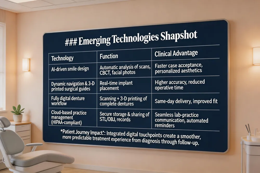 ### Emerging Technologies Snapshot
| Technology | Function | Clinical Advantage |
|---|---|---|
| AI‑driven smile design | Automatic analysis of scans, CBCT, facial photos | Faster case acceptance, personalized aesthetics |
| Dynamic navigation & 3‑D printed surgical guides | Real‑time implant placement | Higher accuracy, reduced operative time |
| Fully digital denture workflow | Scanning + 3‑D printing of complete dentures | Same‑day delivery, improved fit |
| Cloud‑based practice management (HIPAA‑compliant) | Secure storage & sharing of STL/OBJ, records | Seamless lab‑practice communication, automated reminders |
Patient Journey Impact: Integrated digital touchpoints create a smoother, more predictable treatment experience from diagnosis through follow‑up.