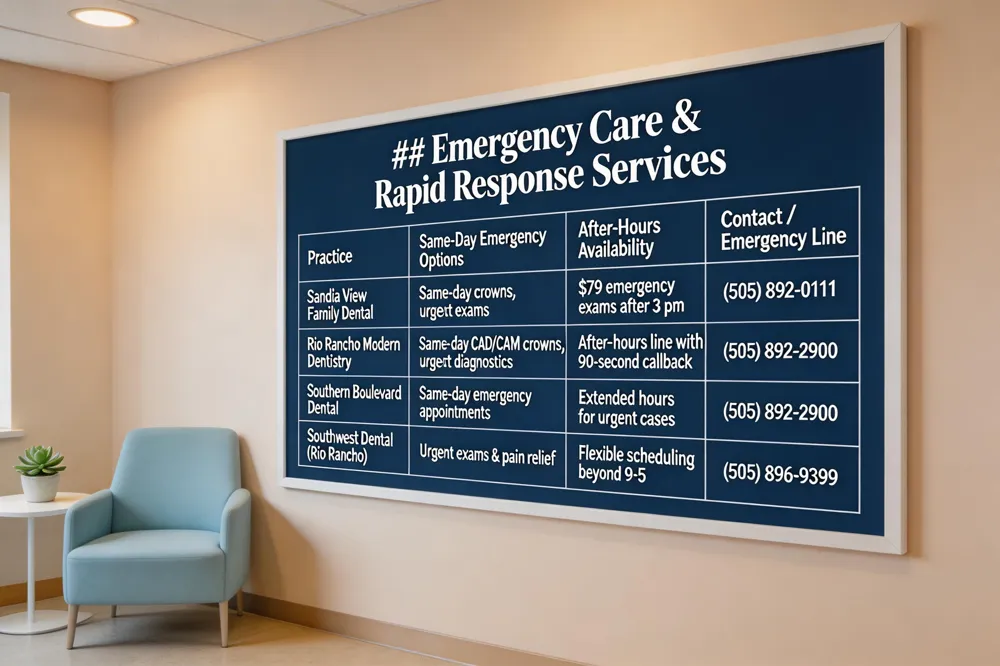 ### Emergency Care & Rapid Response Services
| Practice | Same‑Day Emergency Options | After‑Hours Availability | Contact / Emergency Line |
|---|---|---|---|
| Sandia View Family Dental | Same‑day crowns, urgent exams | $79 emergency exams after 3 pm | (505) 892‑0111 |
| Rio Rancho Modern Dentistry | Same‑day CAD/CAM crowns, urgent diagnostics | After‑hours line with 90‑second callback | (505) 892‑2900 |
| Southern Boulevard Dental | Same‑day emergency appointments | Extended hours for urgent cases | (505) 892‑2900 |
| Southwest Dental (Rio Rancho) | Urgent exams & pain relief | Flexible scheduling beyond 9‑5 | (505) 896‑9399 |
| 