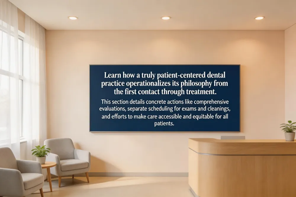Learn how a truly patient-centered dental practice operationalizes its philosophy from the first contact through treatment. This section details concrete actions like comprehensive evaluations, separate scheduling for exams and cleanings, and efforts to make care accessible and equitable for all patients.